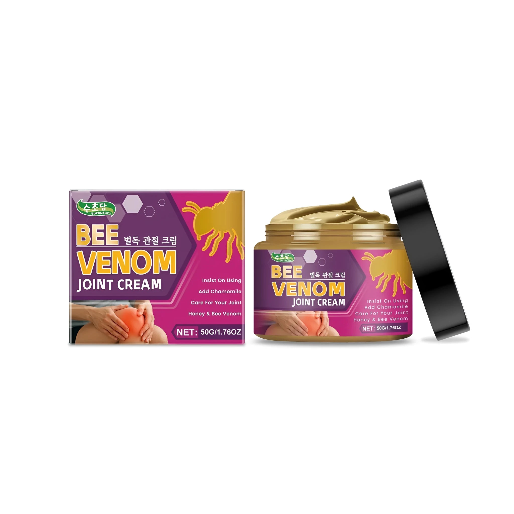 A single 50g white tub of joint cream with chamomile, aloe, honey, and bee venom.