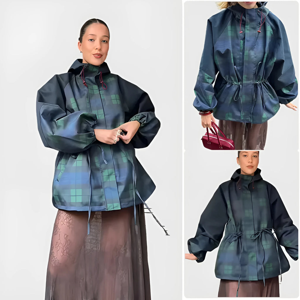 Dark blue hooded windbreaker jacket with checkered pattern and contrasting colours, loose fit, polyester fabric, available in sizes S to XL