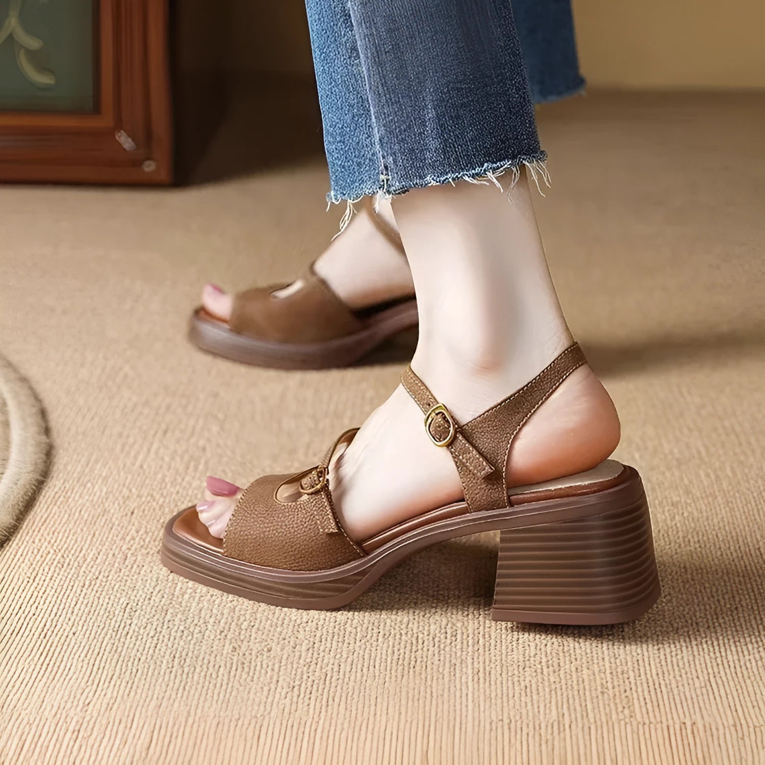 Women's open toe square toe platform sandals in milky white with retro style and rubber sole