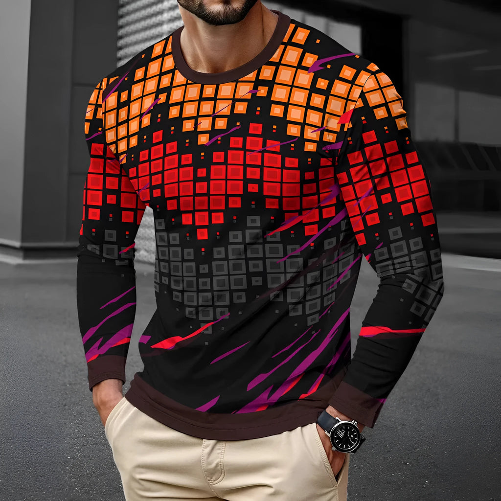 Man wearing a milk silk long sleeve pullover top with a round neck in a casual setting.