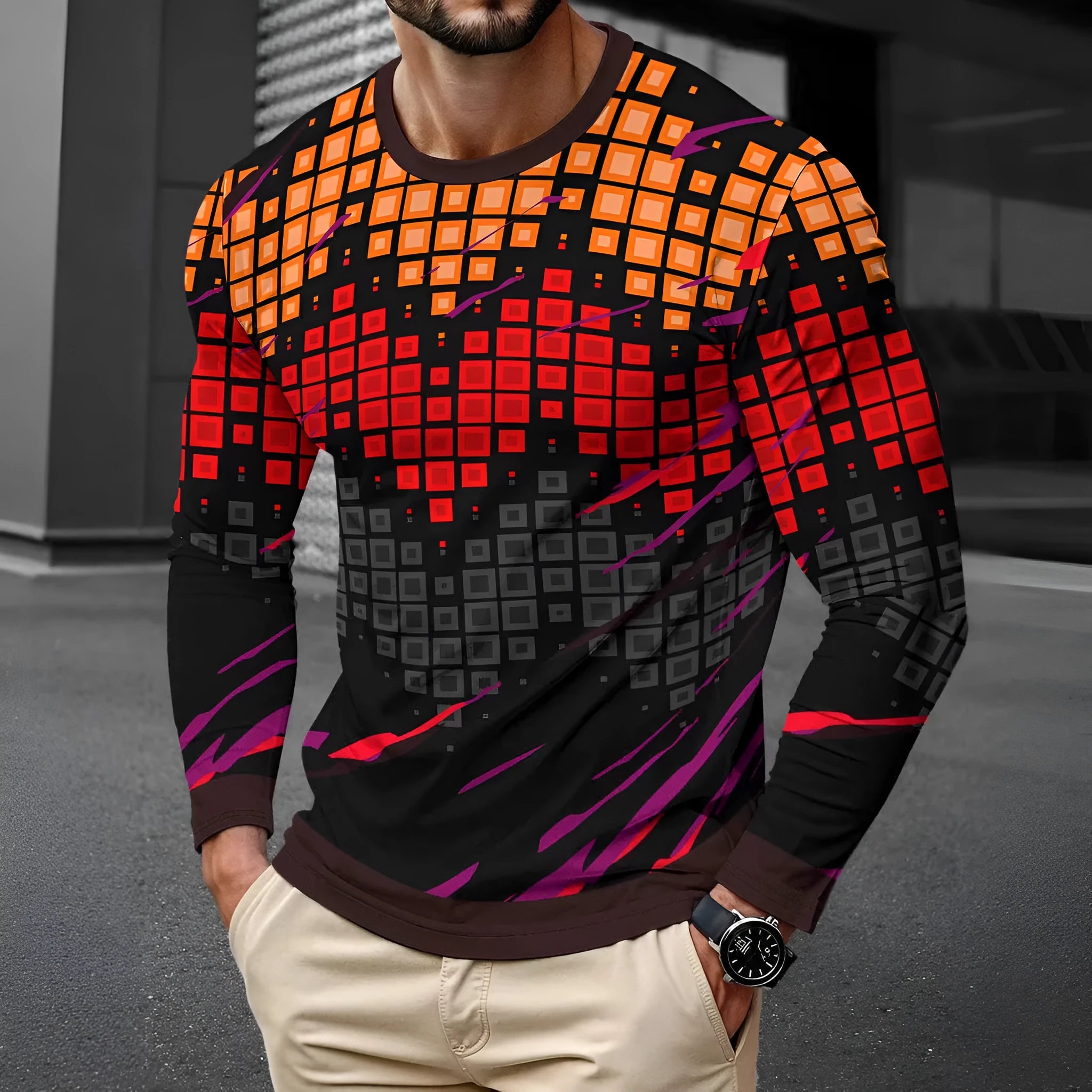 Man wearing a milk silk long sleeve pullover top with a round neck in a casual setting.