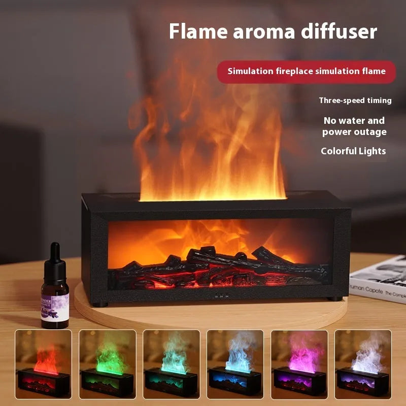 Square flame aromatherapy machine with LED 3D flame effect, seven colour mood lights, and remote control.