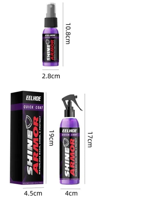 Purple liquid car nano coating spray bottle in 100ml size next to a 30ml bottle.