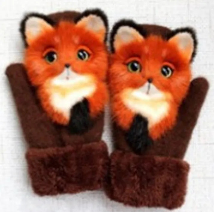 Cartoon animal warm mittens in red colour, 28cm total length, wool-blend fabric for autumn and winter