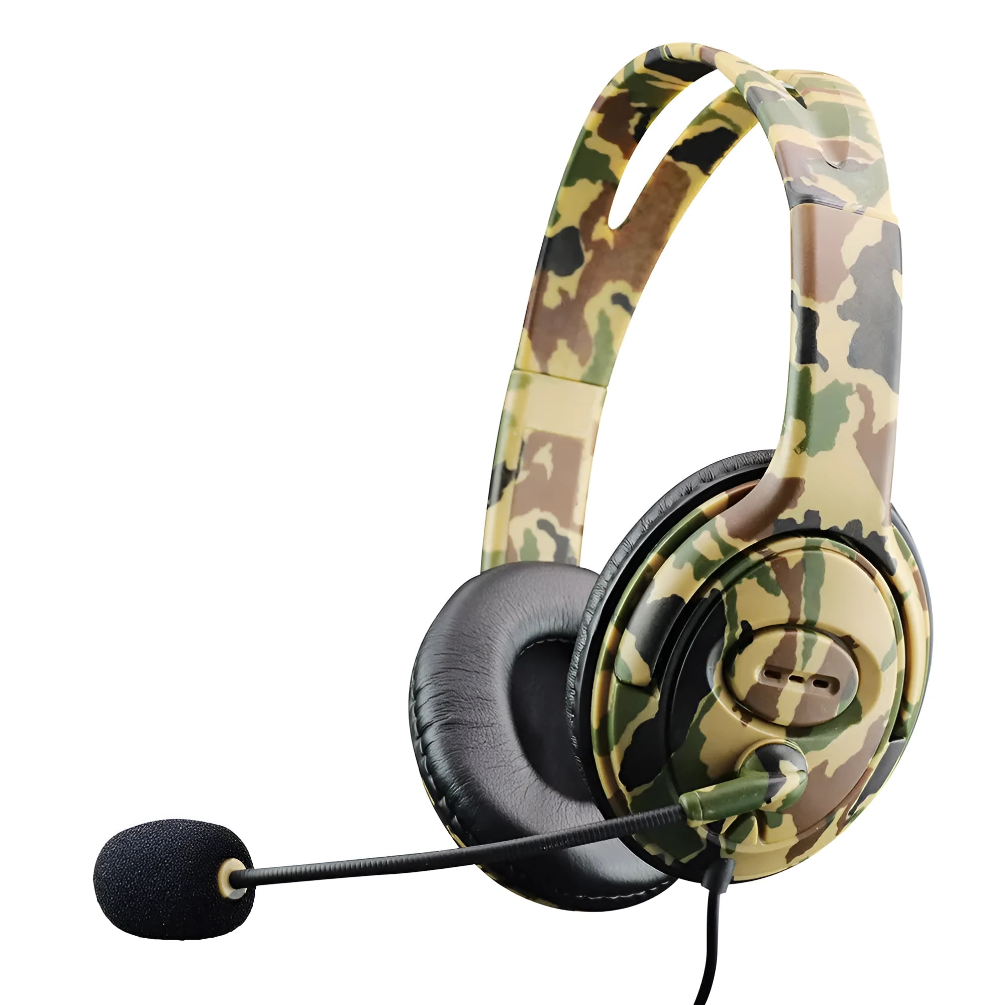 Camouflage wired over-ear headphones with 3.5mm straight plug on a plain background