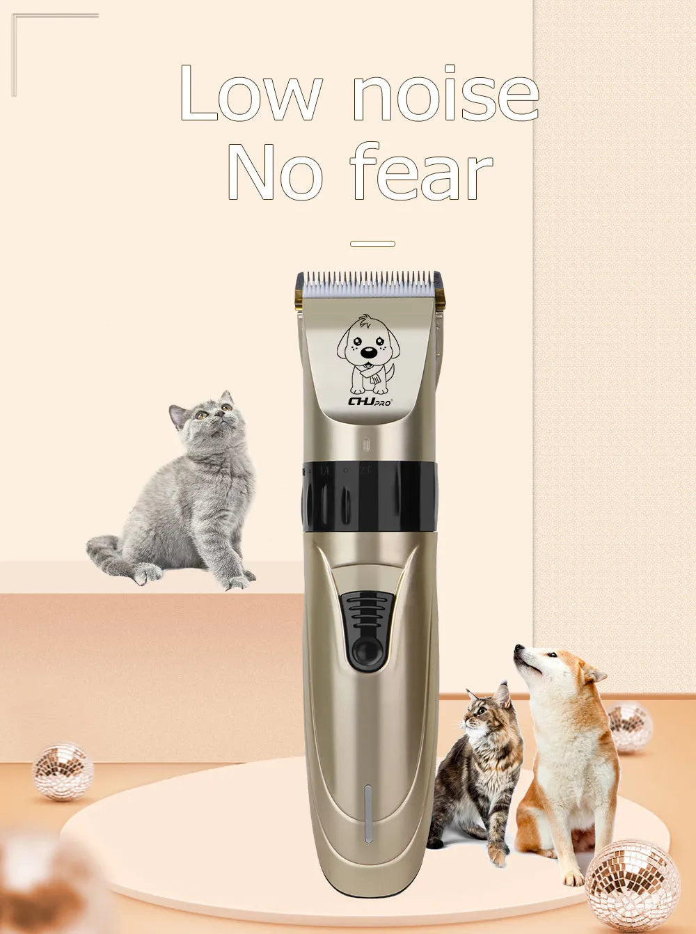 Professional pet clipper with titanium ceramic blade and four positioning combs on a table