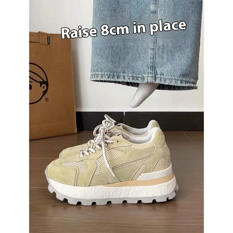 Women's height increasing insole Cortez platform shoes in apricot, white background, front lace-up sneaker style