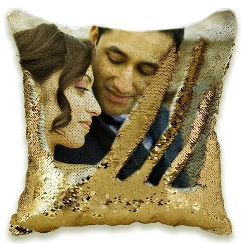 Gold custom photo sequins throw pillowcase 40cm by 40cm handmade personalised gift with reversible sequin design