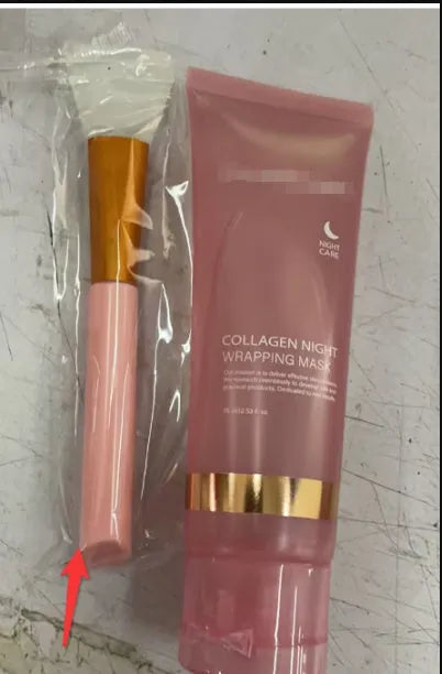 75ml bottle of collagen night mask with applicator brush for skin firming and hydration.