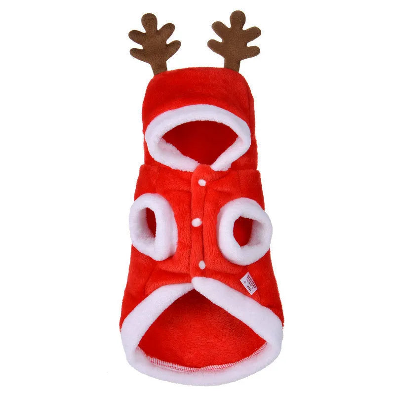 Red flannel Santa dog costume for small dogs with coat design, shown on a pet, sizes XS to XL