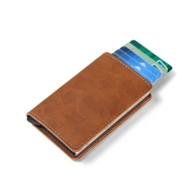 PU automatic card holder with aluminium alloy metal texture, slim design, RFID blocking card case