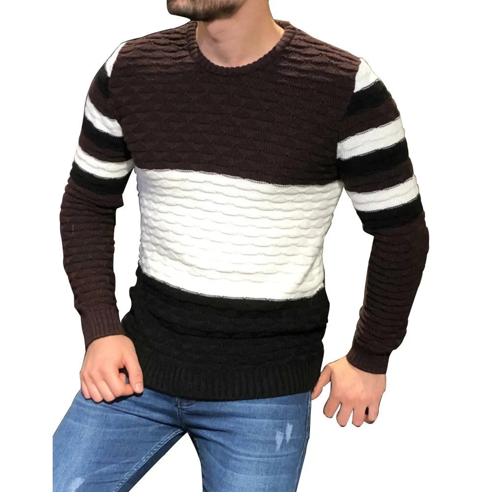 Men's slim fit striped knitted sweater with round neck and long sleeves, shown in purple, light blue, brown and navy blue