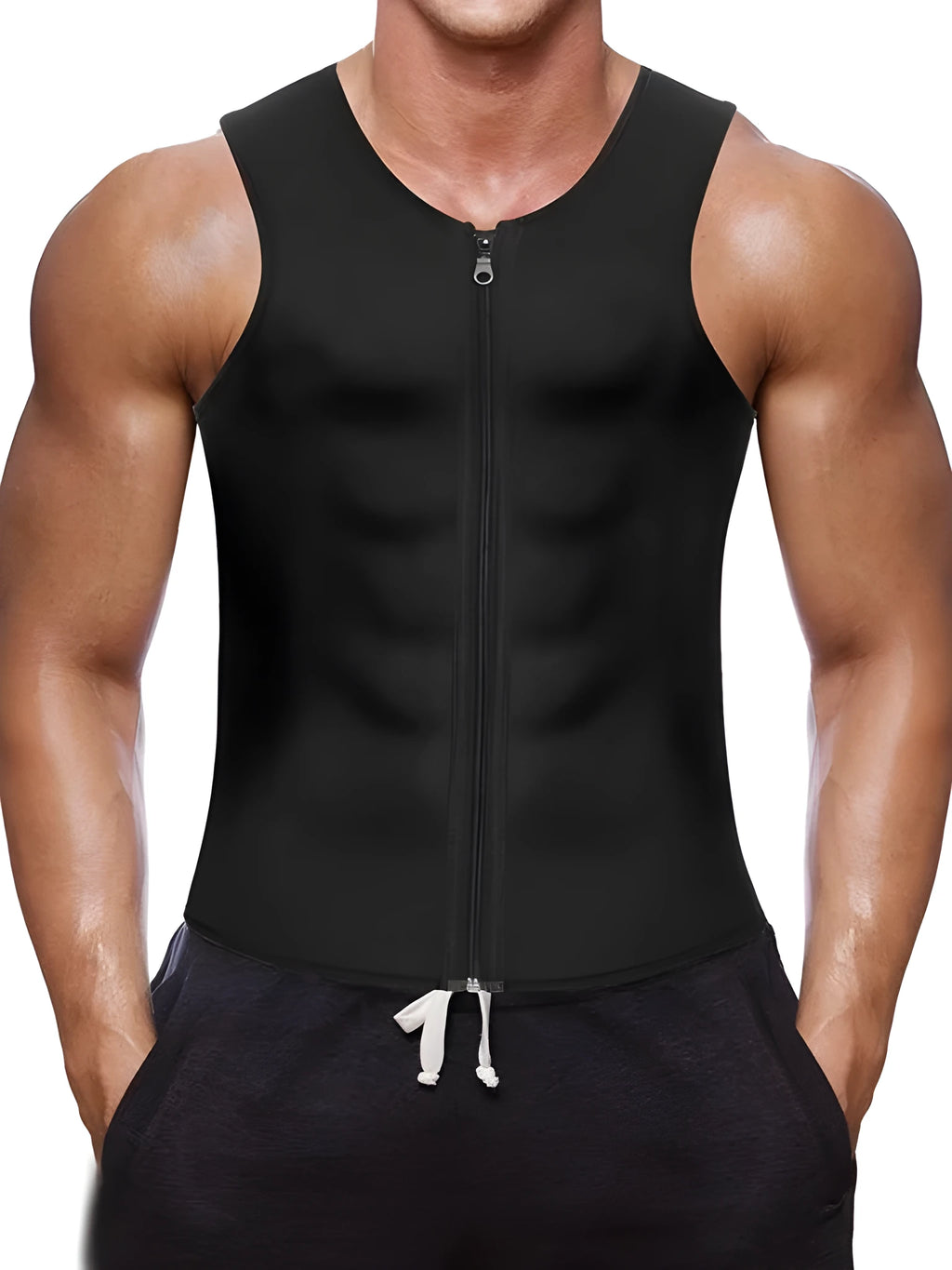 Black fitness sweat zipper vest with full zip front, chlorofibre nylon blend