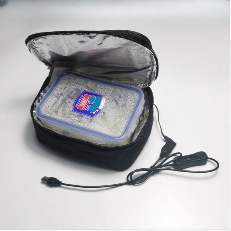USB heating lunch bag in Oxford cloth, black and grey options, with thermal insulation for outdoor bento meals