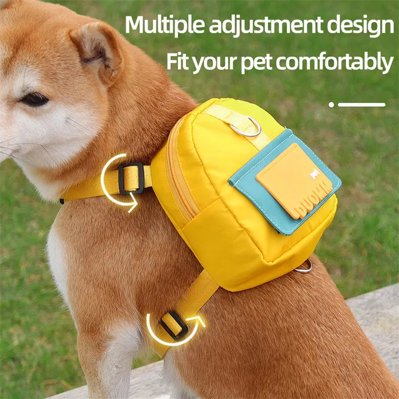 Blue adjustable dog backpack with snack storage bag and harness for hiking