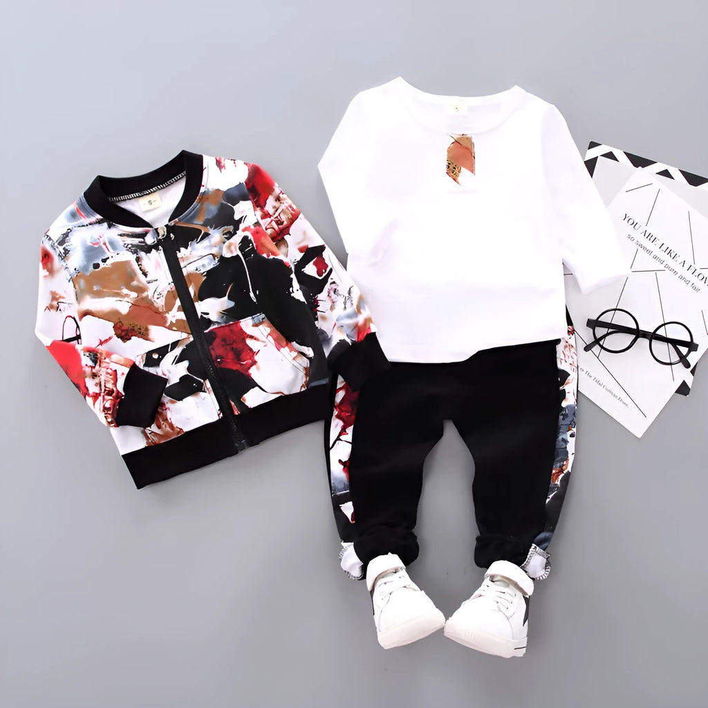 Boys three-piece Korean style black pants suit with long sleeves non-hooded soft fabric set