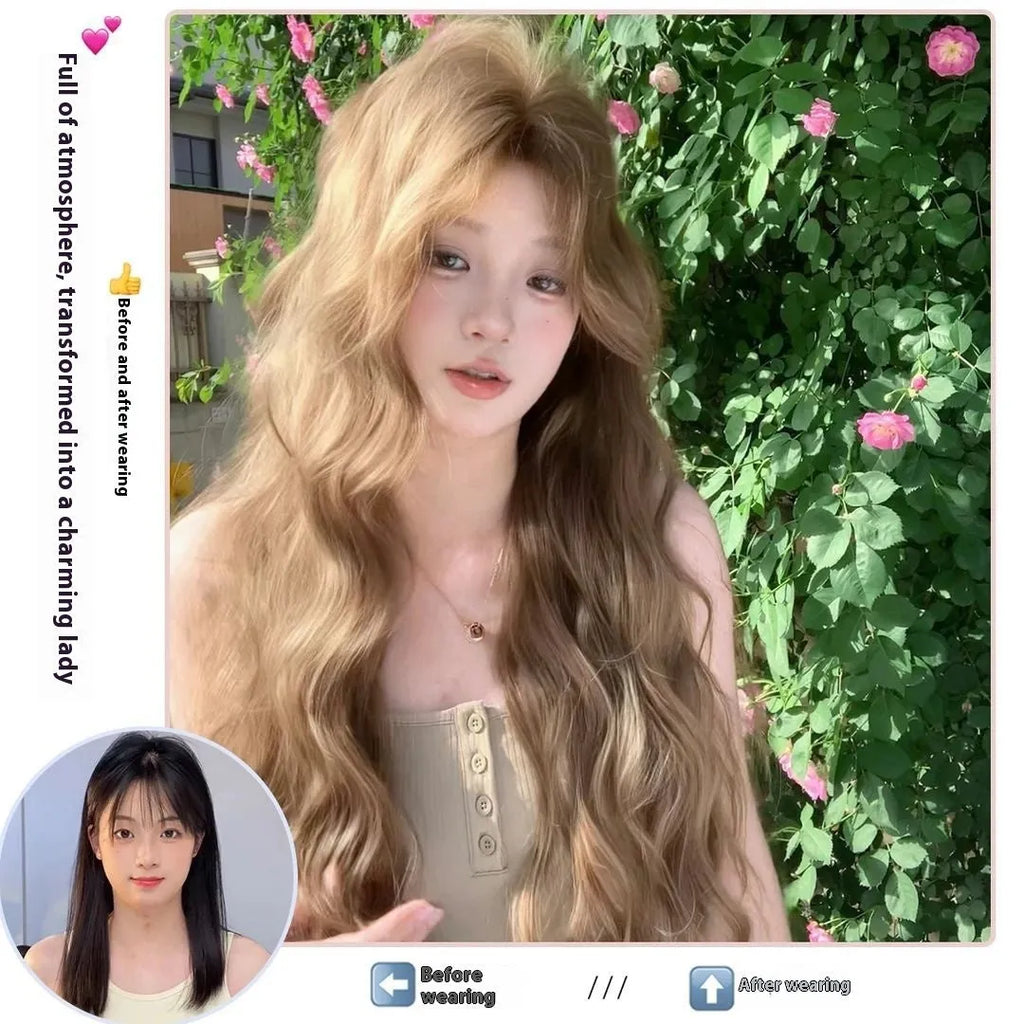 Medium long curly brown wig in linen colour made from high-temperature synthetic fibre