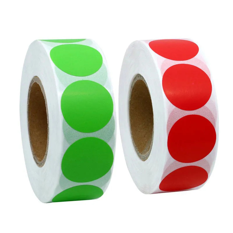 Roll of 500 chroma label colour code stickers, 2.5cm each, in ten colours with permanent glue