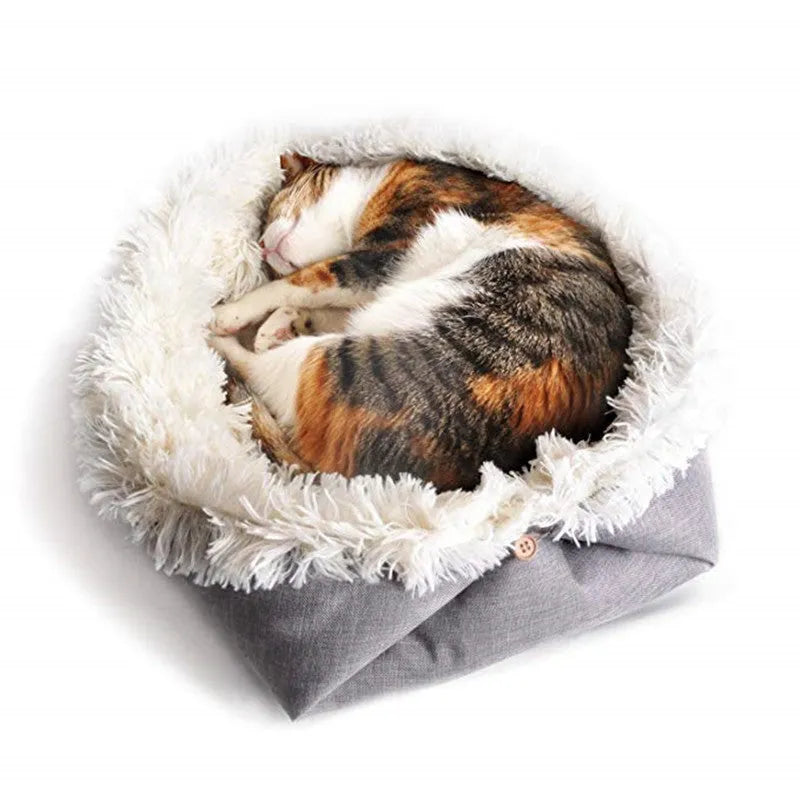 Grey white 2 in 1 pet mattress nest folded into a cosy bed with soft filling, 61x51cm size
