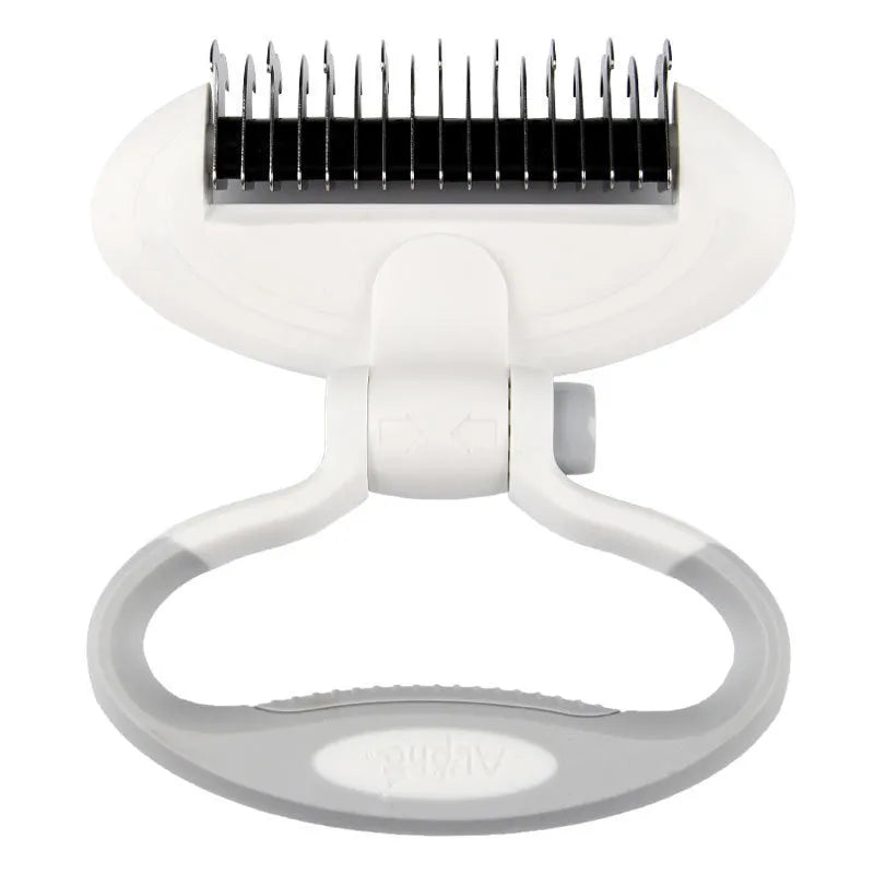Dog comb with two-sided teeth and rotating handle in blue on white background