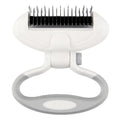 Dog comb with two-sided teeth and rotating handle in blue on white background