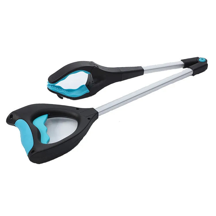 Blue foldable portable pickup tool with aluminium shaft and stainless steel grabber, shown extended and collapsed.