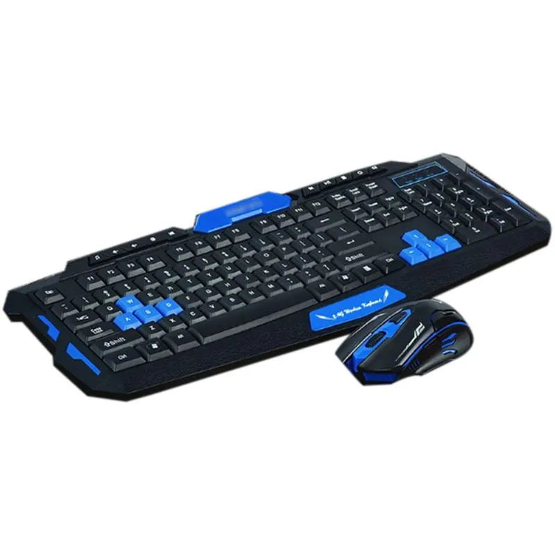 Black wireless keyboard and mouse set with blue accents on a desk