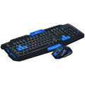 Black wireless keyboard and mouse set with blue accents on a desk