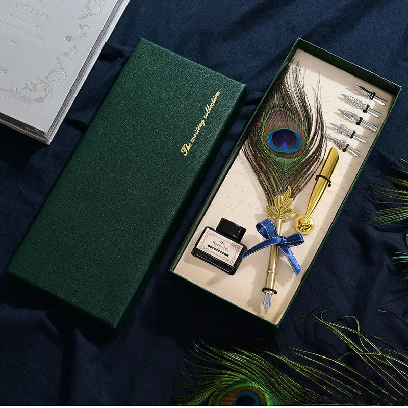 Retro green peacock feather pen set with ink bottle and base on a wooden desk