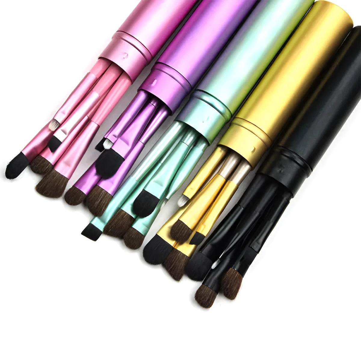 Soft synthetic fibre makeup brush available in black, gold, green, pink, and purple for professional, family, and travel use