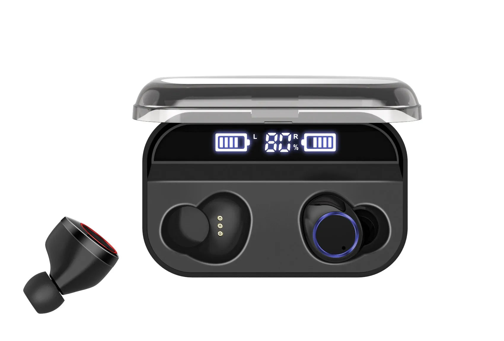 Black X11 wireless Bluetooth earbuds and their portable charging case on a white background.