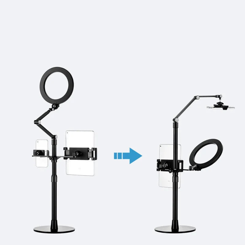 Black floor-standing mobile phone tablet stand with fill light and folding rotation mechanism