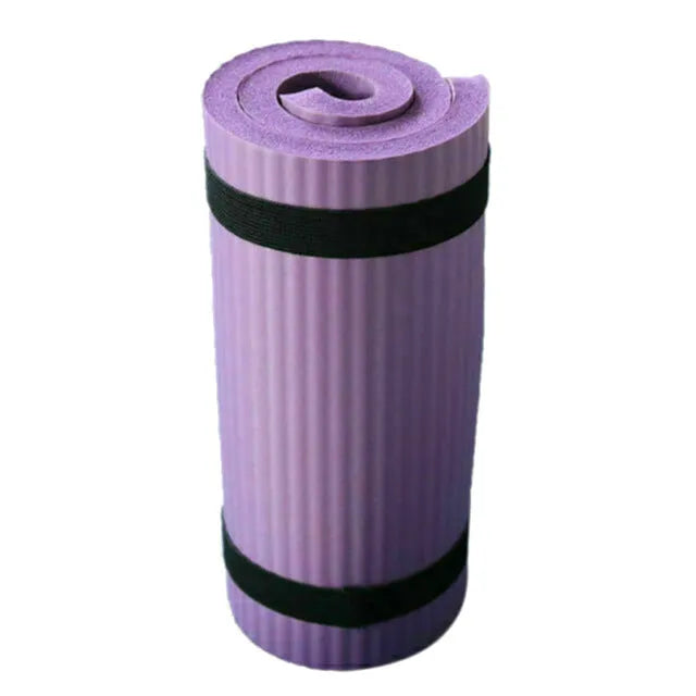 15mm thick EVA NBR yoga mat in black, blue, and purple colour options, 60x25x1.5cm, on a wooden floor