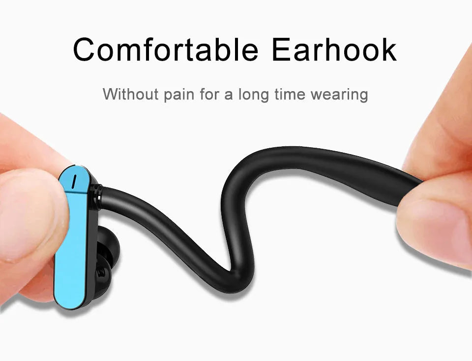 Sport ear hook headphones with microphone in black blue colour, showing the flexible ear hook and silicone earbud design.