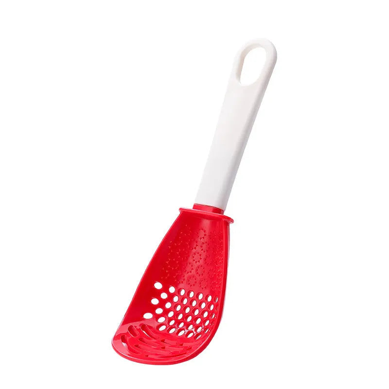 Red and black plastic multifunctional slotted cooking spoon with serrated edges for mashing and grinding.
