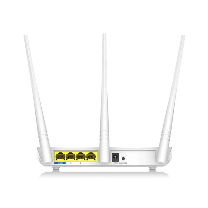 White dual-band wireless router for wired broadband connectivity.