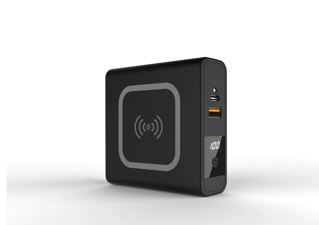 Black cylindrical Super QI power bank with built-in folding UK plug and wireless charging symbol on top