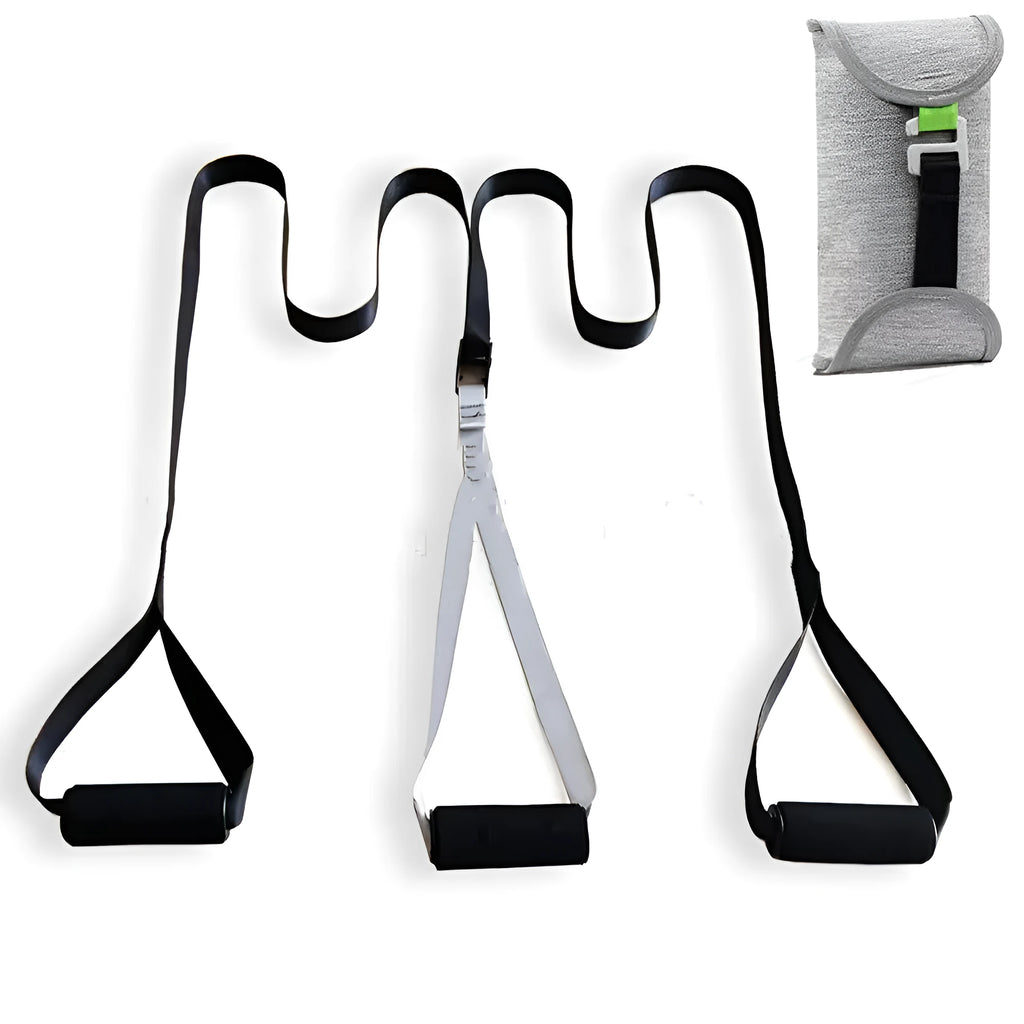 Black suspension training belt resistance band with nylon webbing strap and metal climbing hook