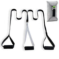 Black suspension training belt resistance band with nylon webbing strap and metal climbing hook