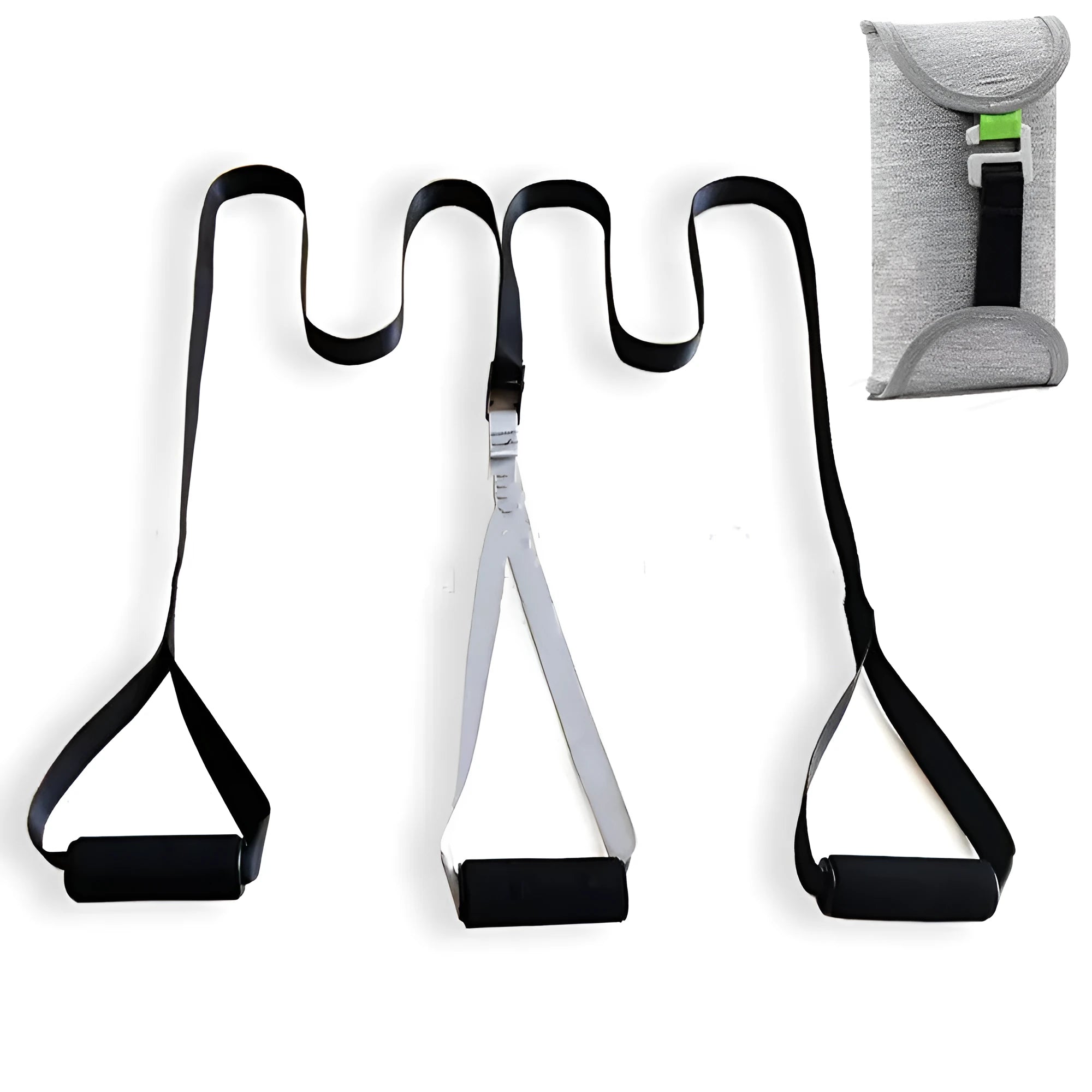 Black suspension training belt resistance band with nylon webbing strap and metal climbing hook