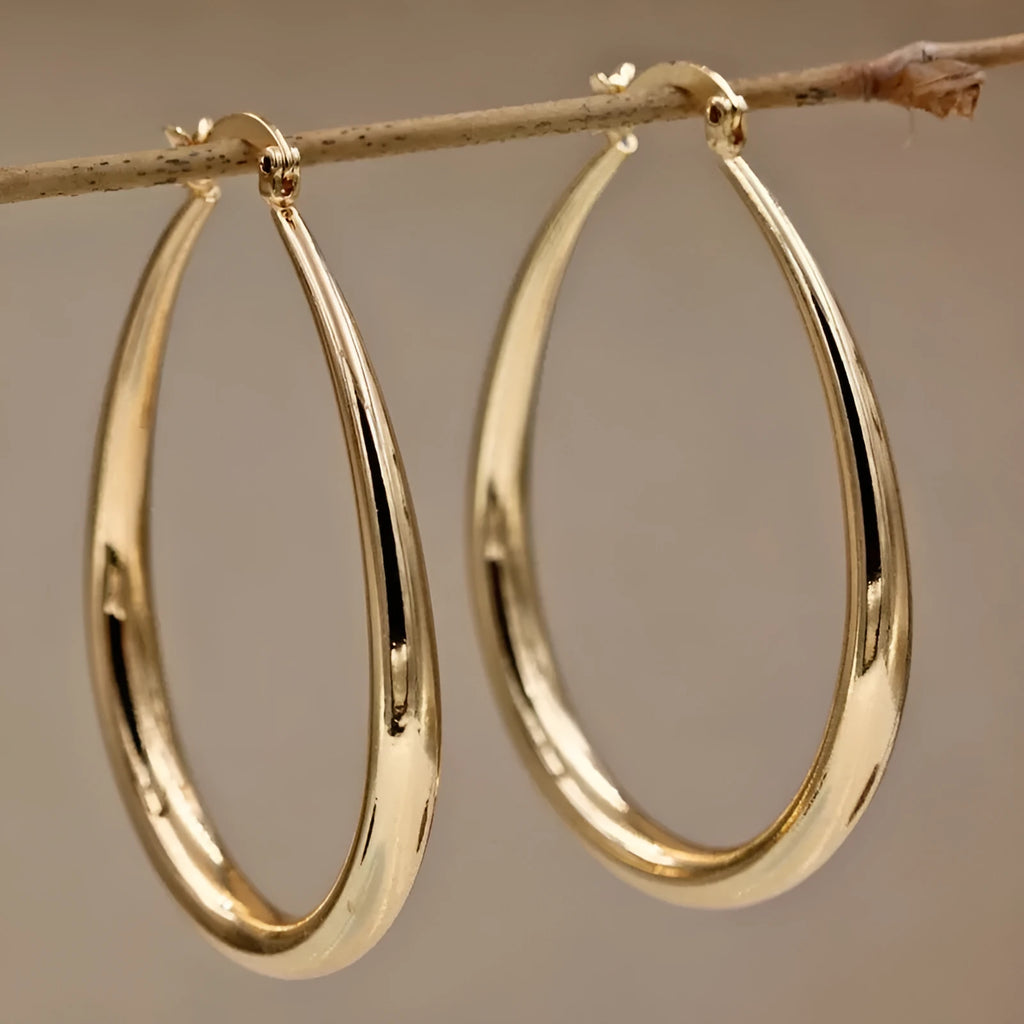 Geometric oval earrings for women, gold electroplated metal with alloy inlaid artificial gems