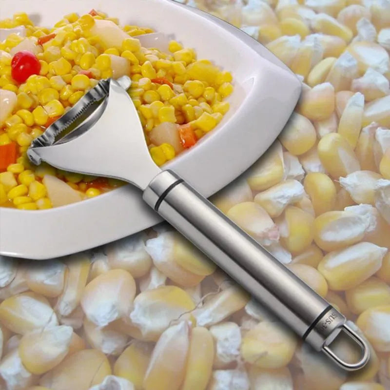 Stainless steel corn planer kitchen tool for removing kernels from corn, 18cm long.