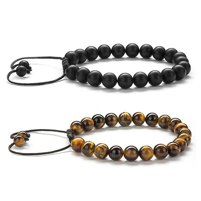 Geometric couple bracelets with tiger eye and matte black agate beads