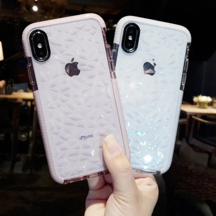 TPU iPhone case with striped back design showing black, pink and white edge colour options