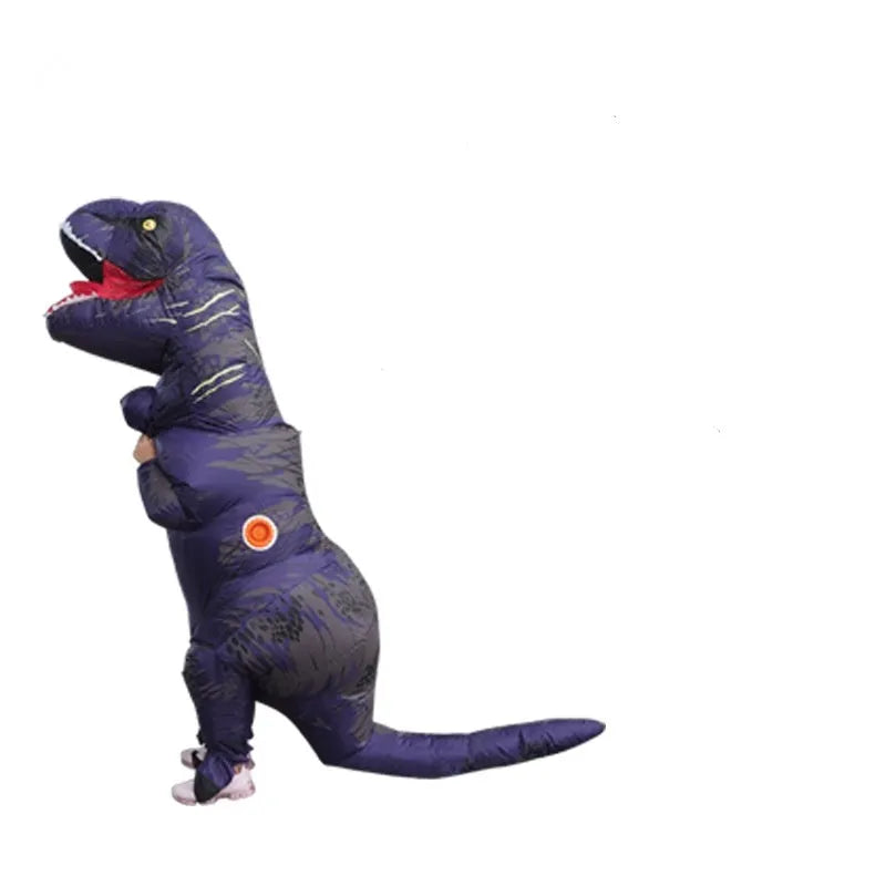 Official Jurassic World inflatable Tyrannosaurus Rex costume in green with gloves, shoe covers, and battery-powered fan unit