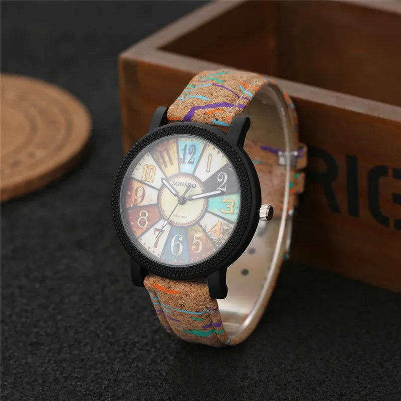 Vintage leather women's quartz watch showing 37mm round dial with tempered glass and stainless steel buckle