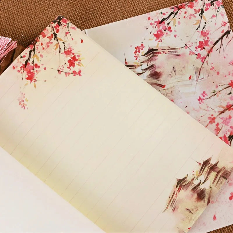 Azalea colour retro Chinese thread-bound notebook with 80g Dolin paper, 140x208mm size, lying open on a flat surface