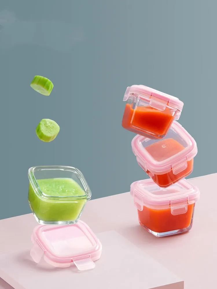 RREIAO infant food supplement box 160ml glass with blue silicone PP lid on white background