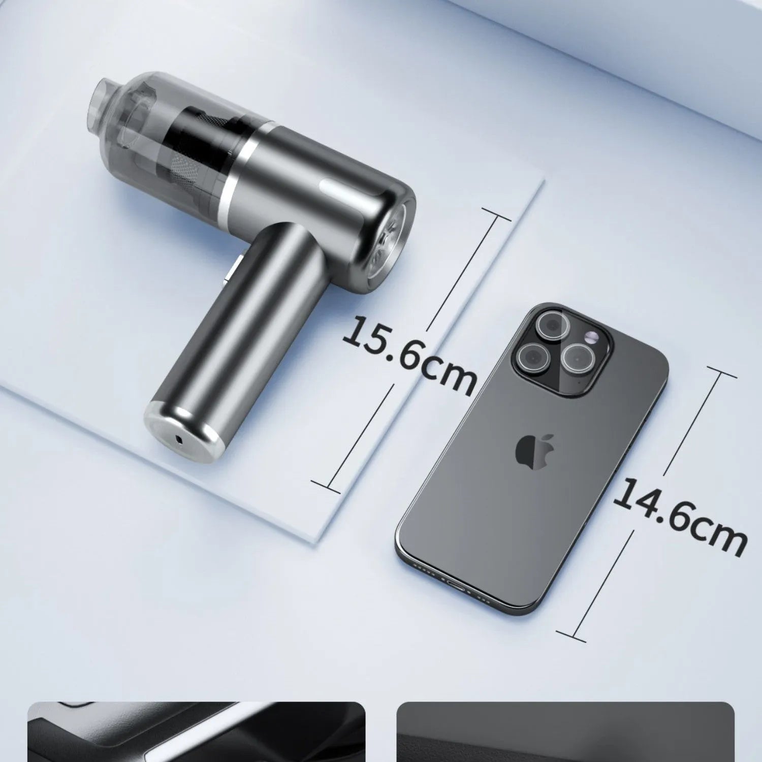 Cordless handheld car vacuum cleaner with attachments on a grey background
