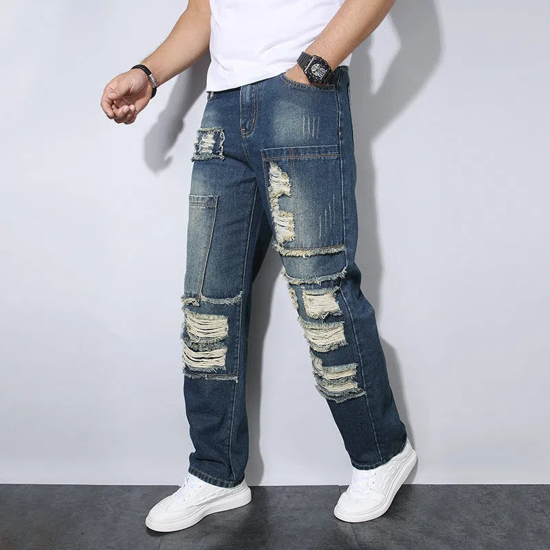 Men's straight wrinkle-resistant loose casual jeans in 2527 blue, mid waist zip fly, cotton material